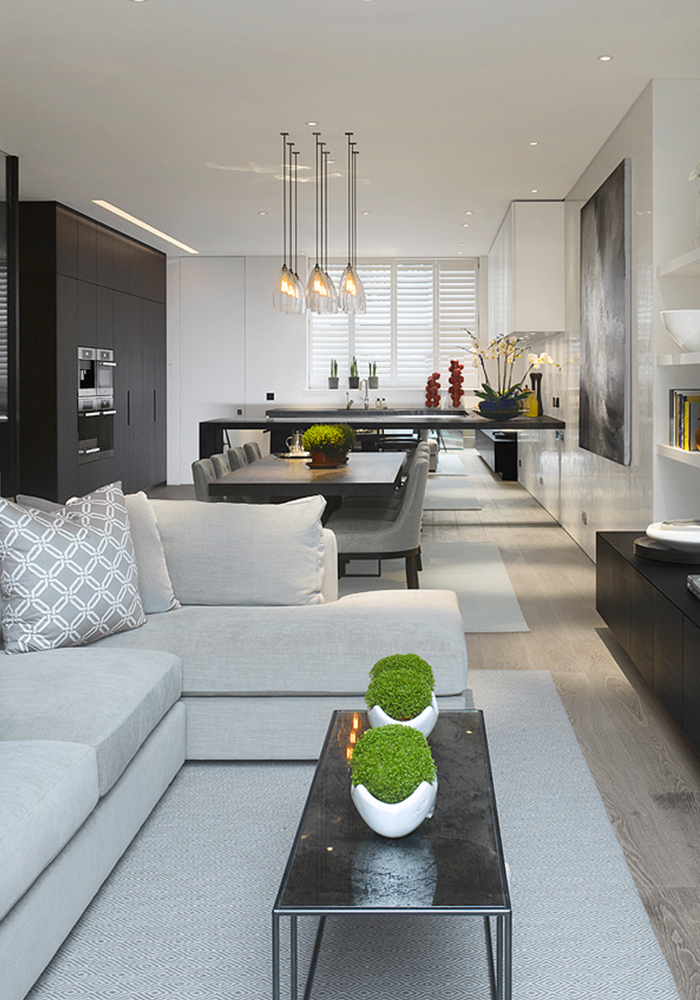 Shows a side view of the newly renovated open plan living area