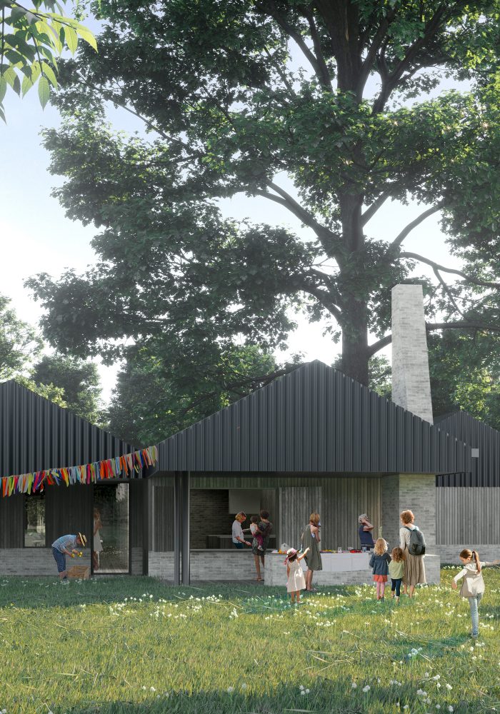 Shows children playing outside the newly renovated building - Audley End Minature Railway Architectural Project